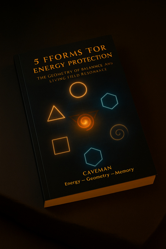 Mockup of the book “5 Forms for Energy Protection” featuring glowing geometric symbols on a dark cover.