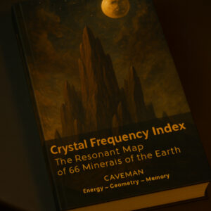 Realistic mockup of the book Crystal Frequency Index — a dark, atmospheric scene with the cover showing the resonant map of 66 minerals.