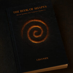 Hardcover of ‘The Book of Shapes’ lying on dark textured stone, with a glowing golden spiral on the black cover. Caveman Shop – free energy guides and geometry books