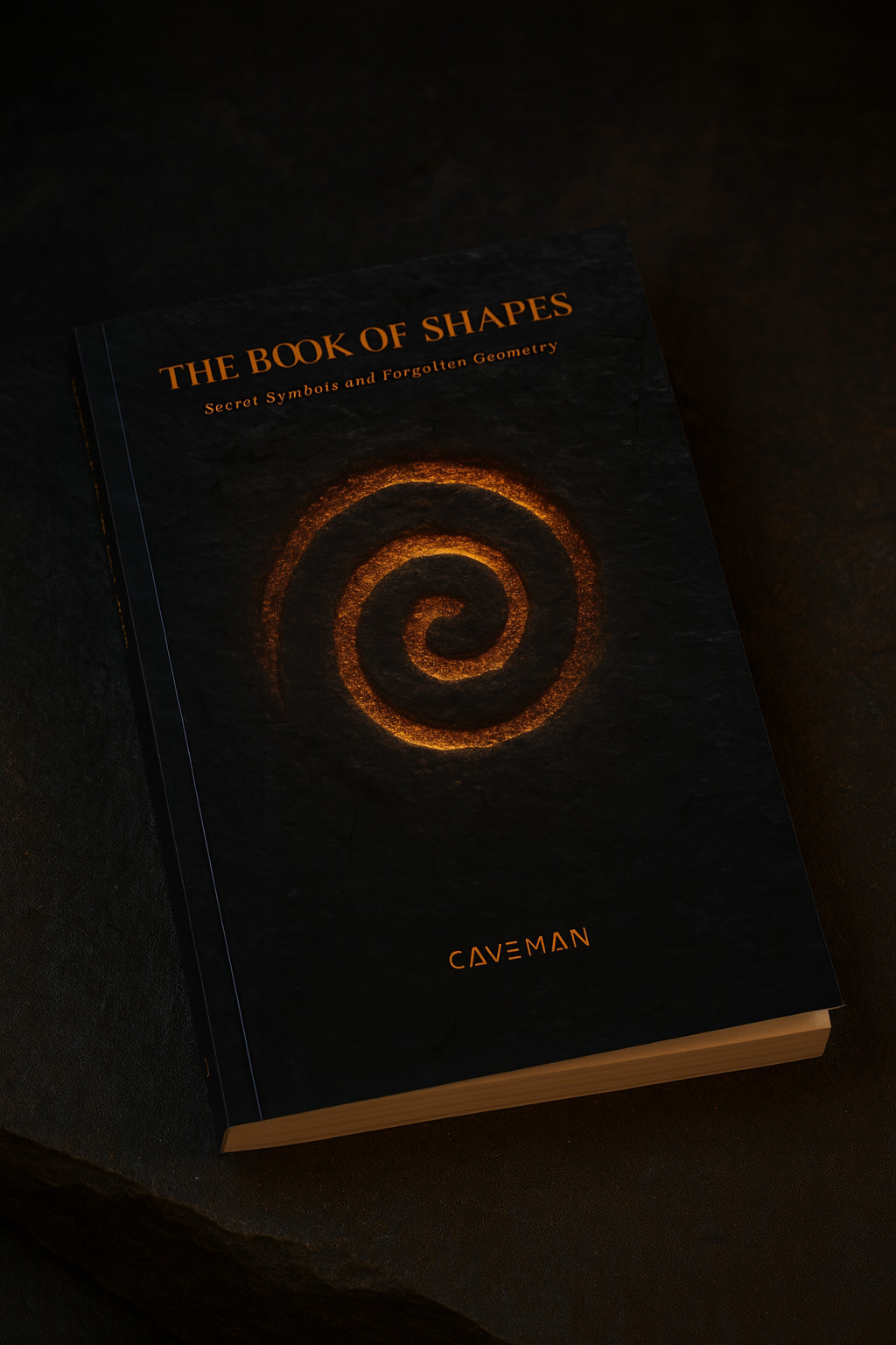 Hardcover of ‘The Book of Shapes’ lying on dark textured stone, with a glowing golden spiral on the black cover. Caveman Shop – free energy guides and geometry books