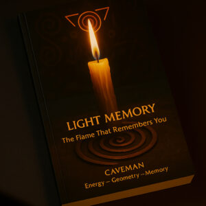 Realistic mockup of Caveman’s sacred book ‘Light Memory’ resting on a dark surface, illuminated by warm candlelight.