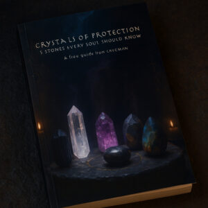 Crystals of Protection — cover mockup with five crystal stones on a dark surface