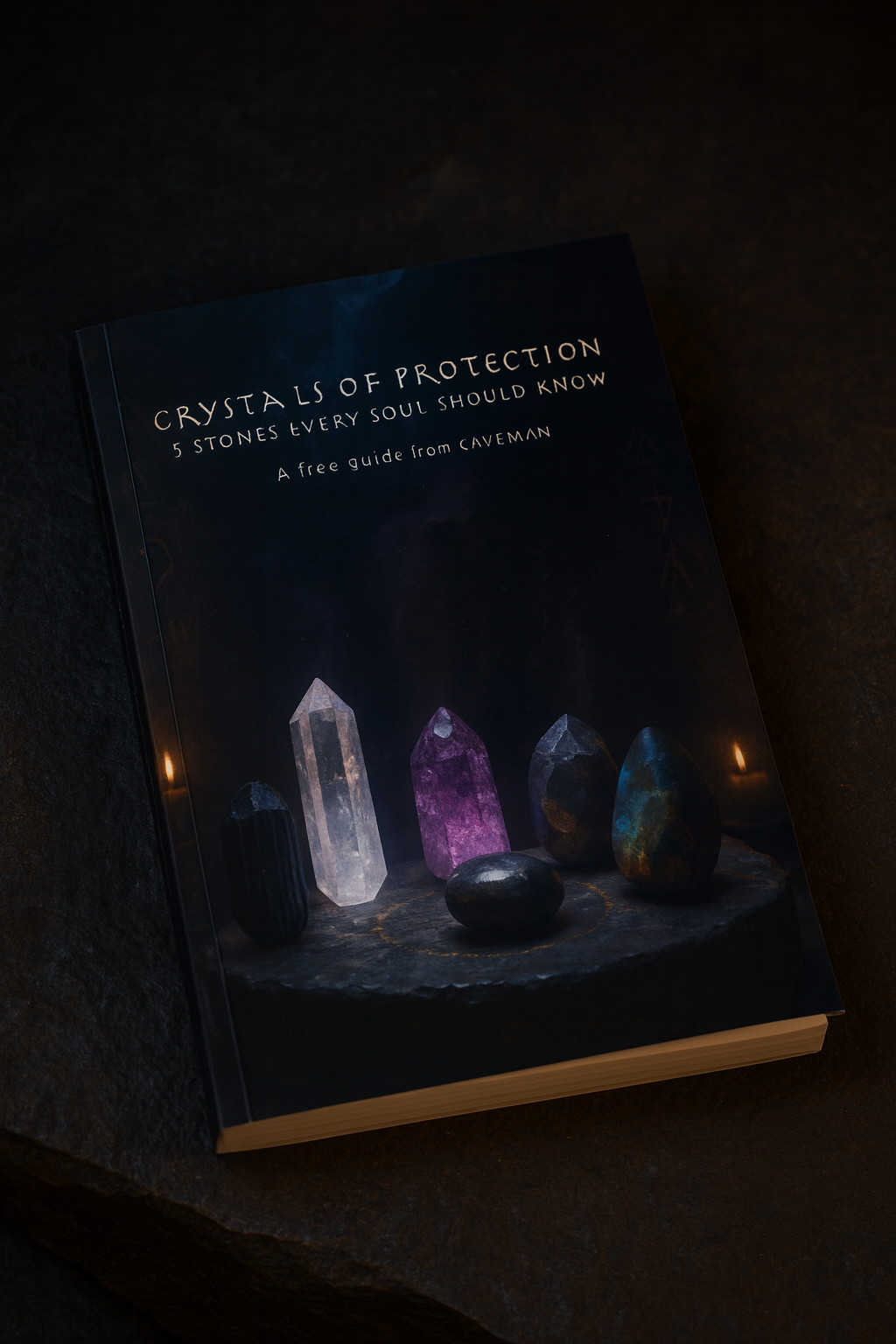 Crystals of Protection — cover mockup with five crystal stones on a dark surface
