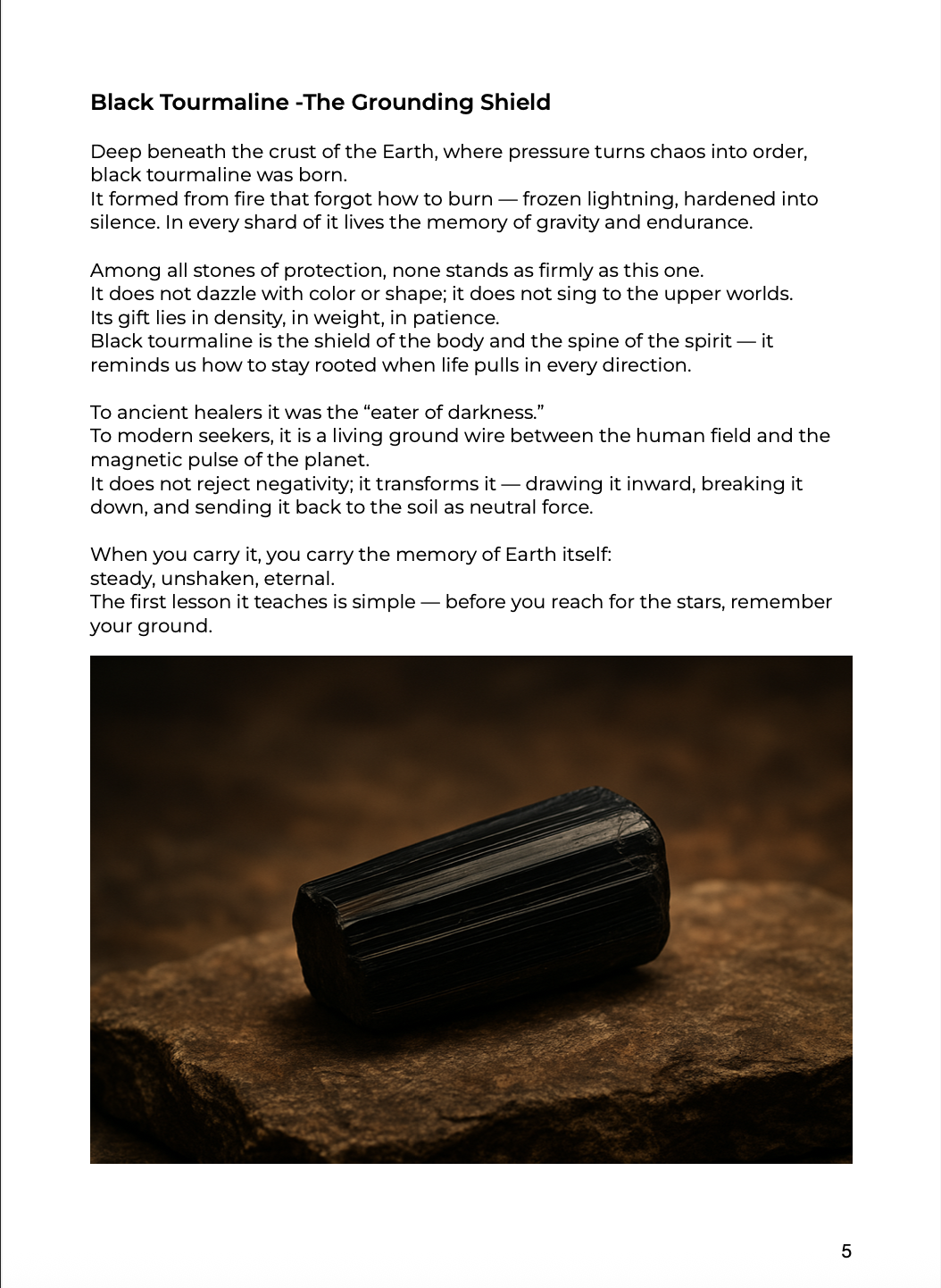 Black Tourmaline page from the guide “Crystals of Protection — The Grounding Shield section”