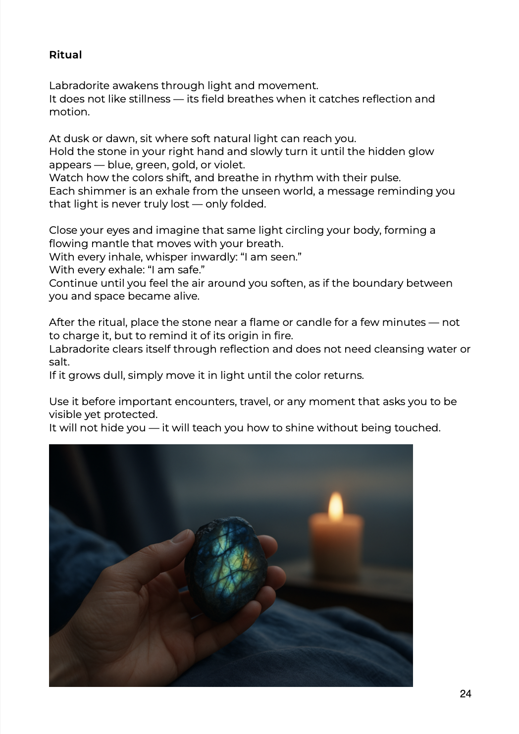 Labradorite ritual page from the guide “Crystals of Protection” with photo of a hand holding a glowing labradorite stone.