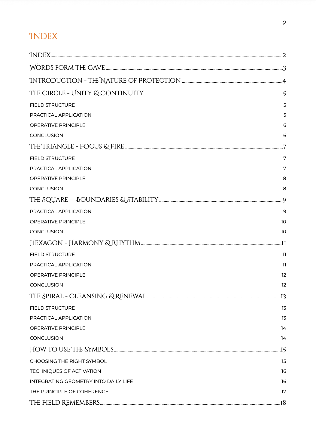 Index page of “Five Forms for Energy Protection” showing full table of contents with all symbols and sections.
