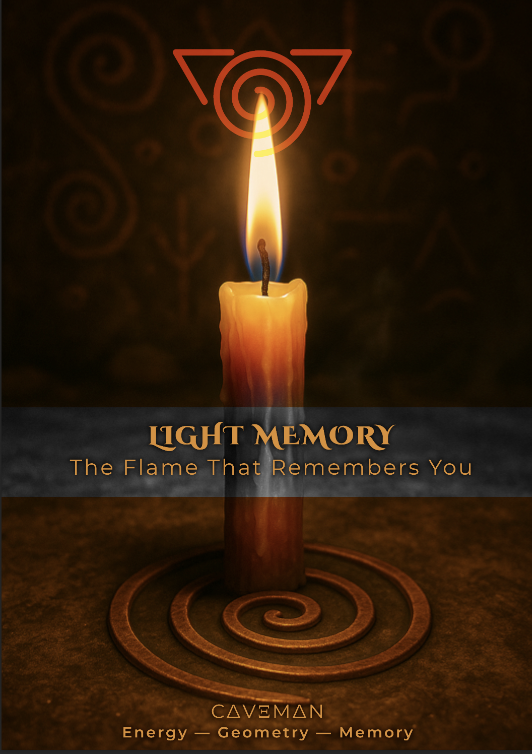 Cover of Caveman’s “Light Memory — The Flame That Remembers You”, featuring a glowing candle rising from a copper spiral with ancient fire symbols in the background.