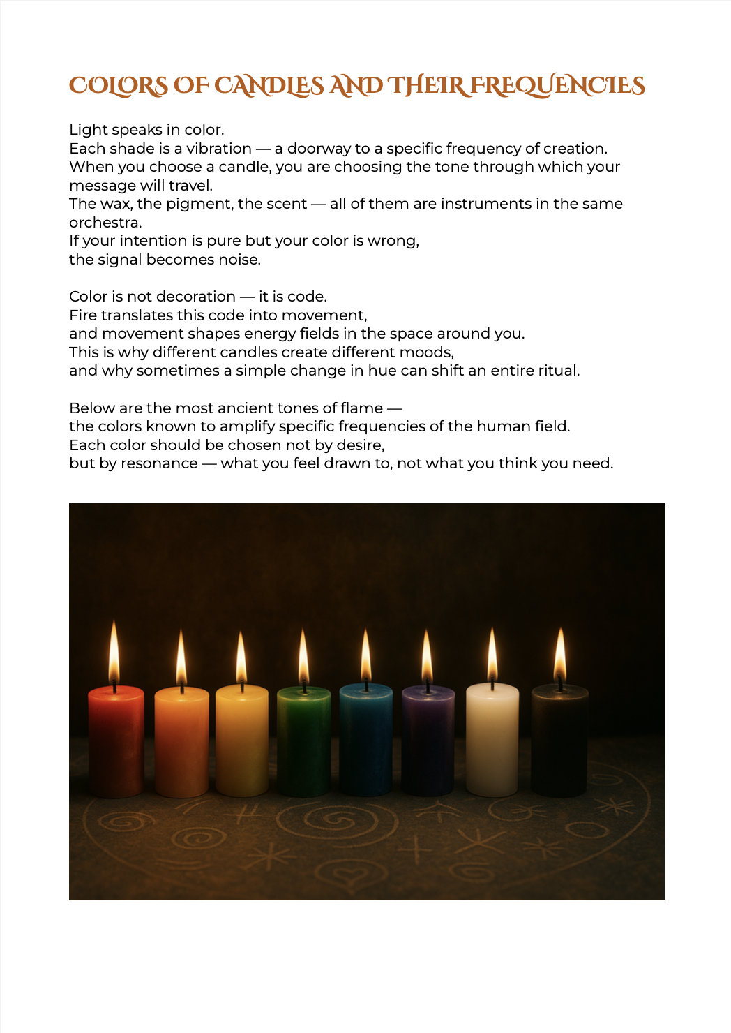 Color chart from Light Memory showing different candle colors and their energetic frequencies, with a row of lit candles on a copper ritual circle.