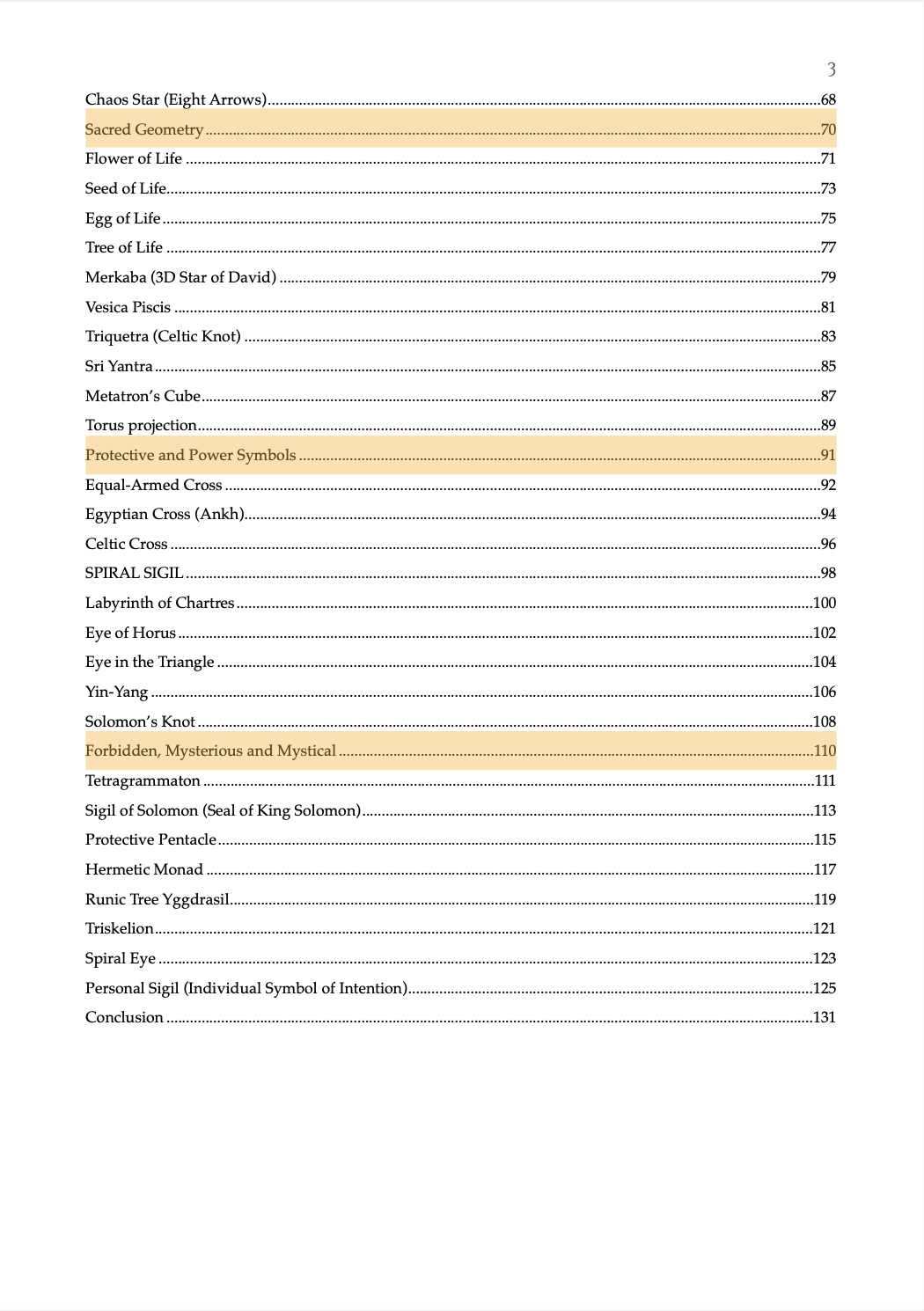 Book of Shapes sample page showing the second part of the Index with sacred geometry symbols, mystical signs, and protective icons.