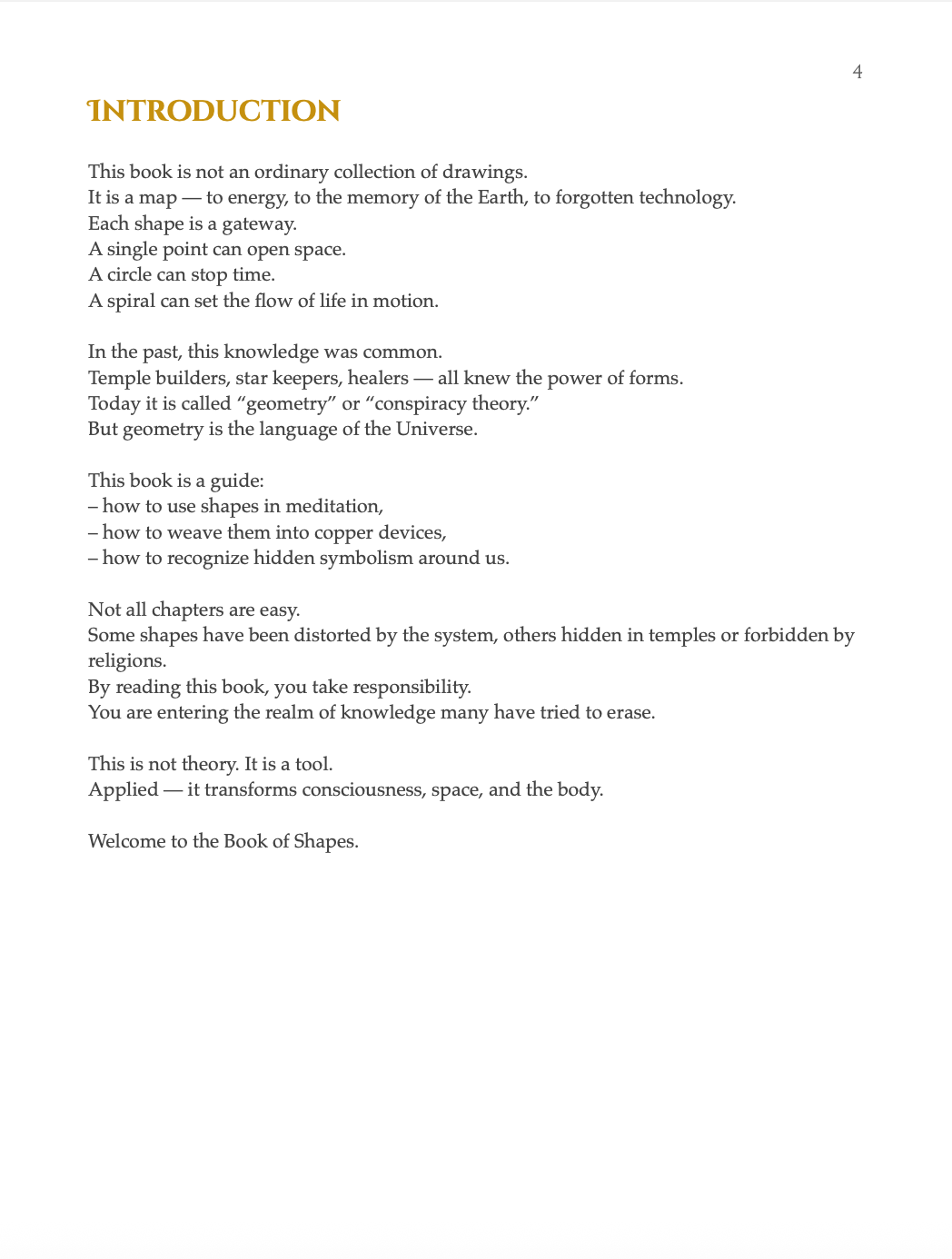Book of Shapes sample page showing the Introduction chapter with explanations about geometry, ancient knowledge, and the purpose of the book.