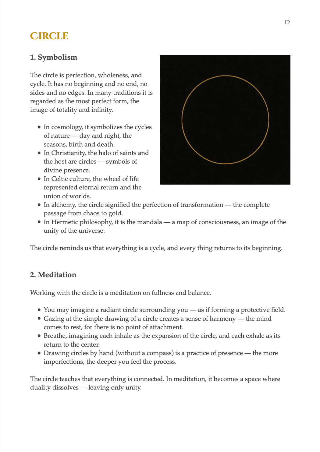 Book of Shapes sample page showing the Circle chapter with symbolic meaning and meditation instructions, including a golden circle illustration.