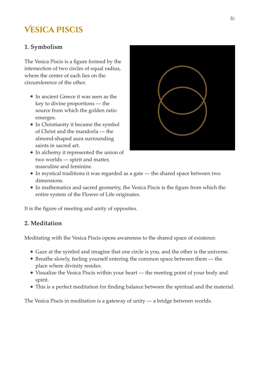 Book of Shapes sample page explaining the Vesica Piscis symbol, its historical meanings, spiritual interpretation, and meditation practice, including a glowing dual-circle illustration.