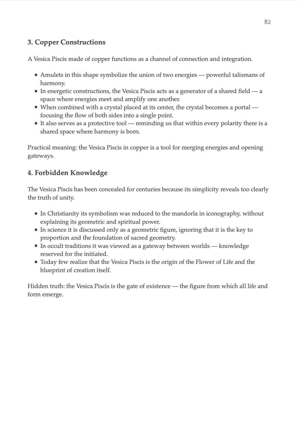 Book of Shapes sample page describing copper Vesica Piscis constructions and the hidden symbolism of Forbidden Knowledge.