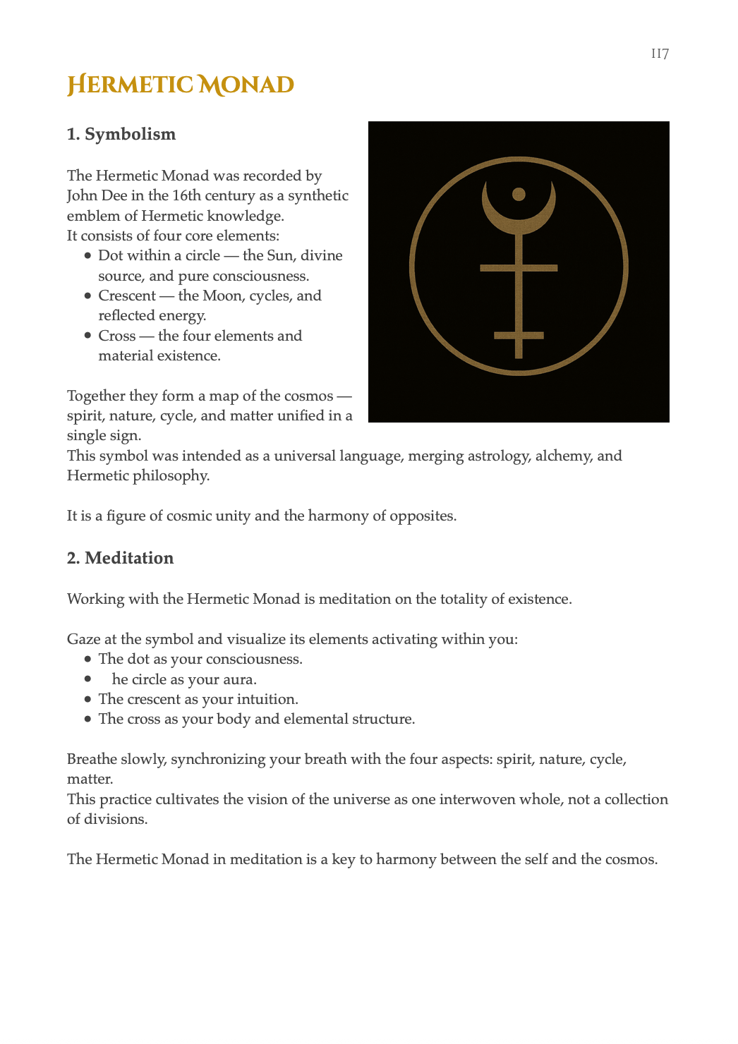 Hermetic Monad page from ‘Book of Shapes – The Forgotten Geometry’, showing symbolism, meditation instructions, and the golden Hermetic Monad symbol.