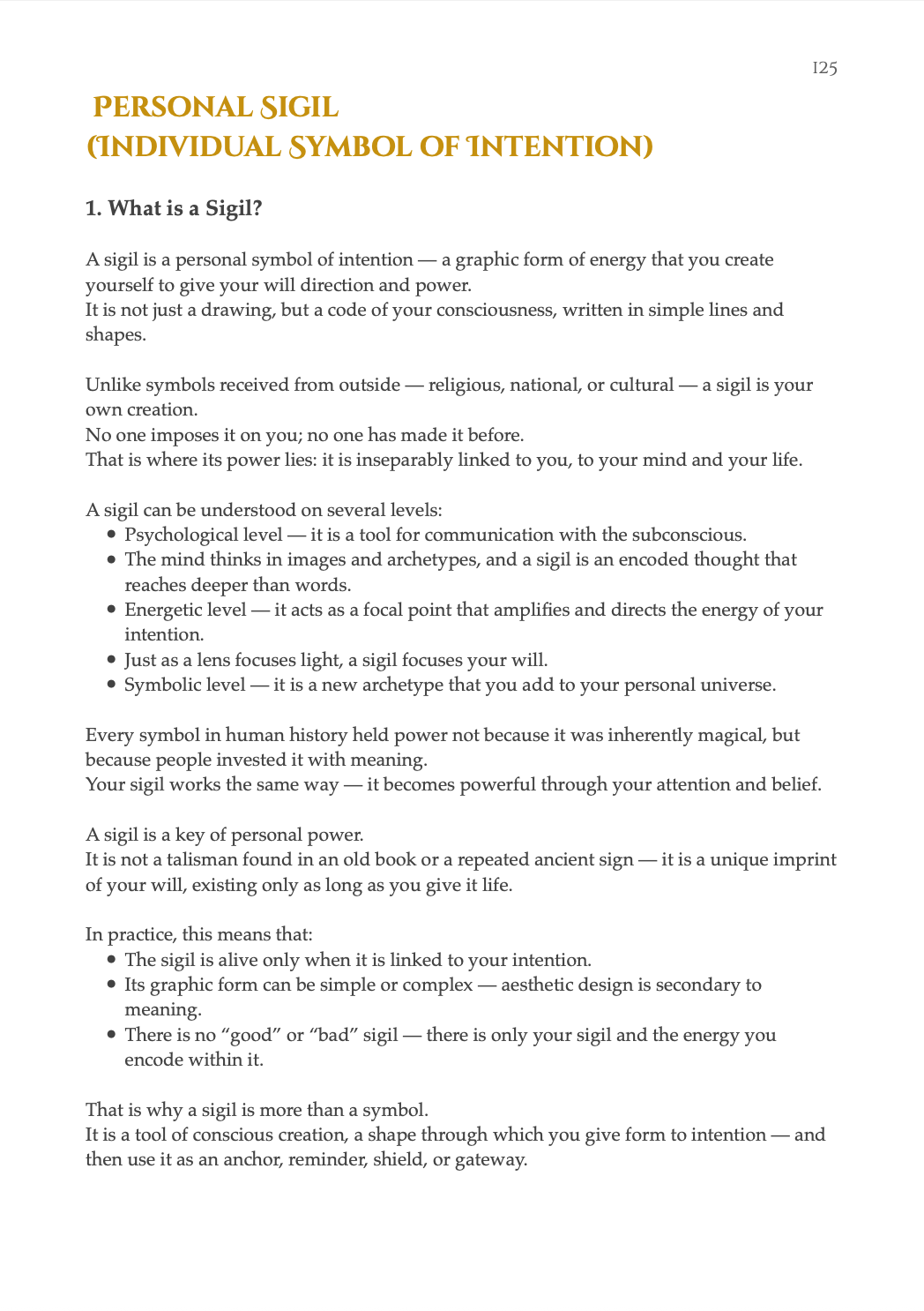 Book of Shapes sample page explaining the concept of a personal sigil, with detailed text about intention and symbolic meaning.
