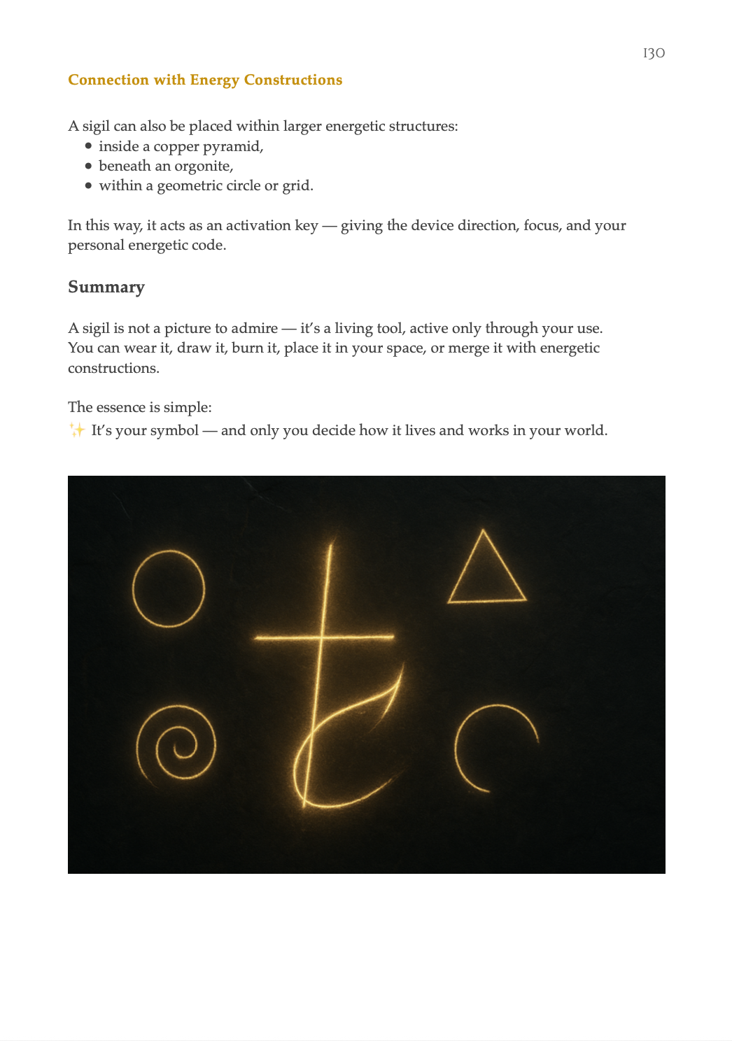 Book of Shapes sample page with glowing golden sigils and text about energy constructions
