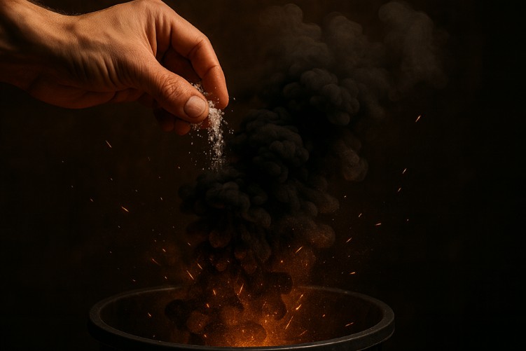 A hand sprinkling coarse salt into a metal container, causing dark smoke and glowing sparks to rise in dramatic warm lighting