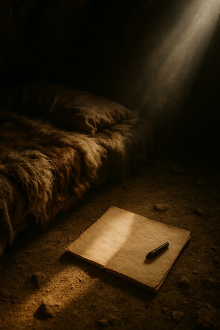 An old open notebook lying on the cave floor with a stone-like pen next to a fur-covered bed, illuminated by a beam of warm light