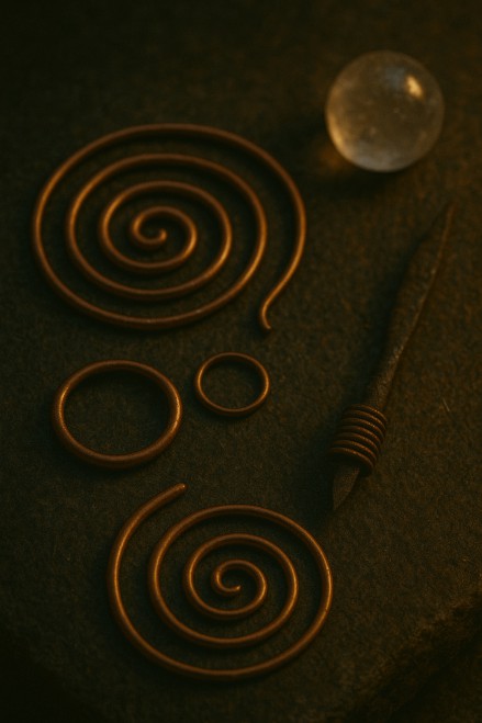 Copper spirals, tensor rings and a clear crystal sphere arranged on a dark stone surface, photographed in warm, low light.