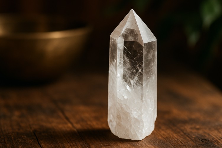 Clear quartz crystal point standing on a wooden surface, softly lit in a warm, natural setting.