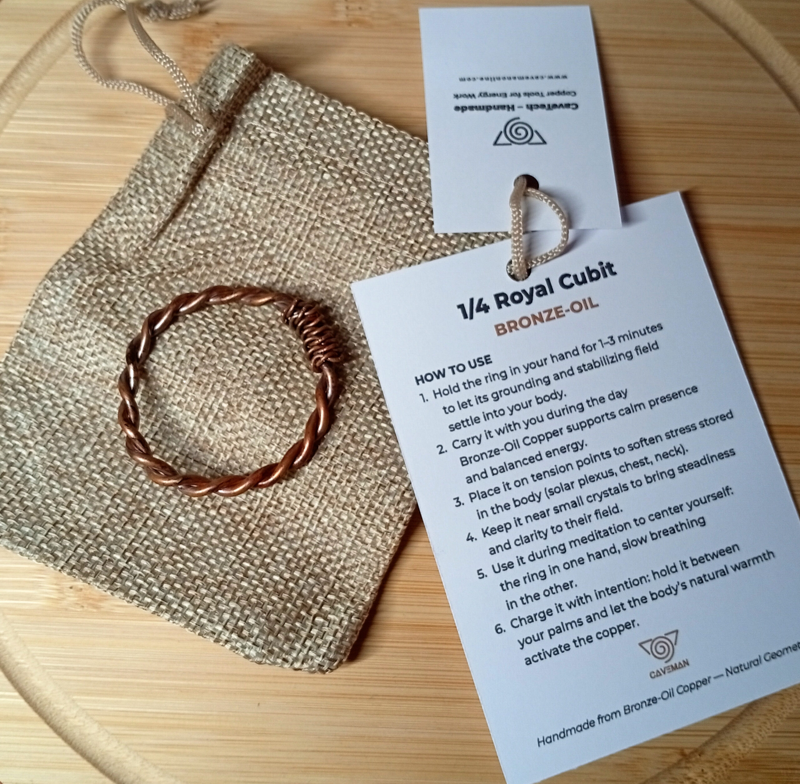 Bronze-Oil 1/4 Royal Cubit tensor ring with instruction card and jute pouch