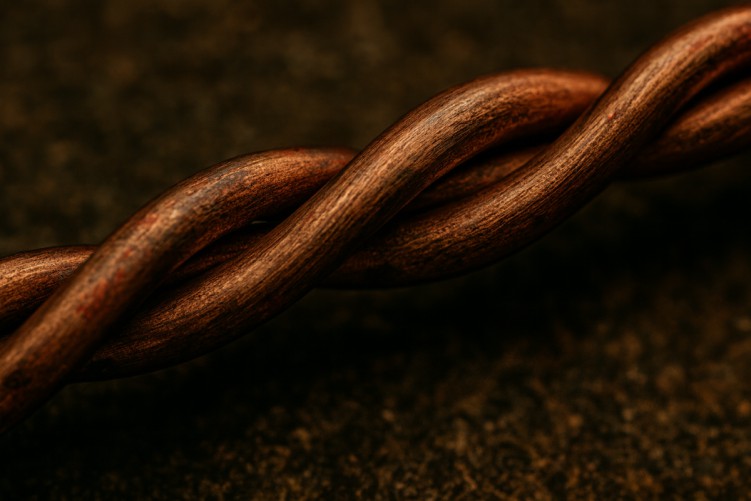 Macro photograph of a bronze-oil copper tensor ring with warm brown finish.