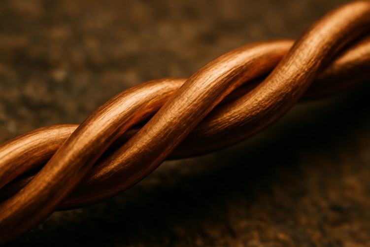 Close-up macro photograph of a twisted raw copper tensor ring.