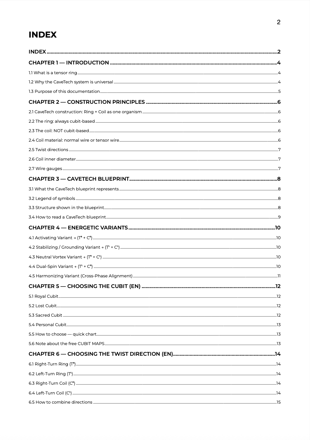 Index page of the Tensor Ring CaveTech Universal Construction Manual