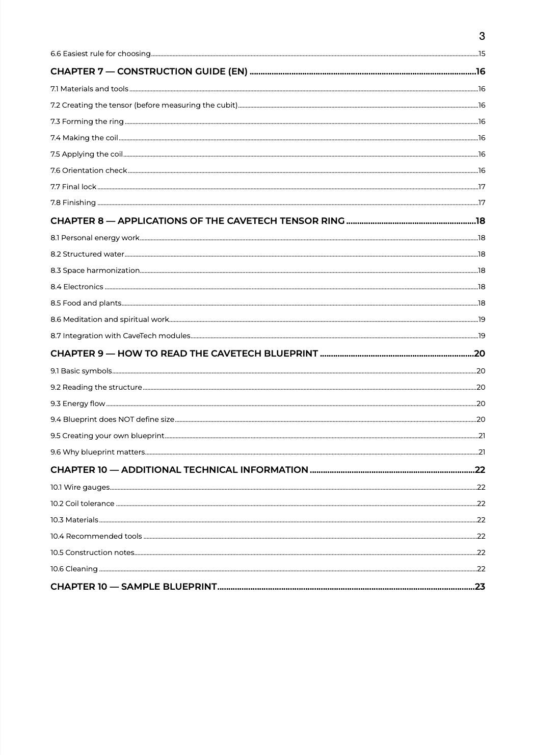 Second index page of the Tensor Ring CaveTech Universal Construction Manual