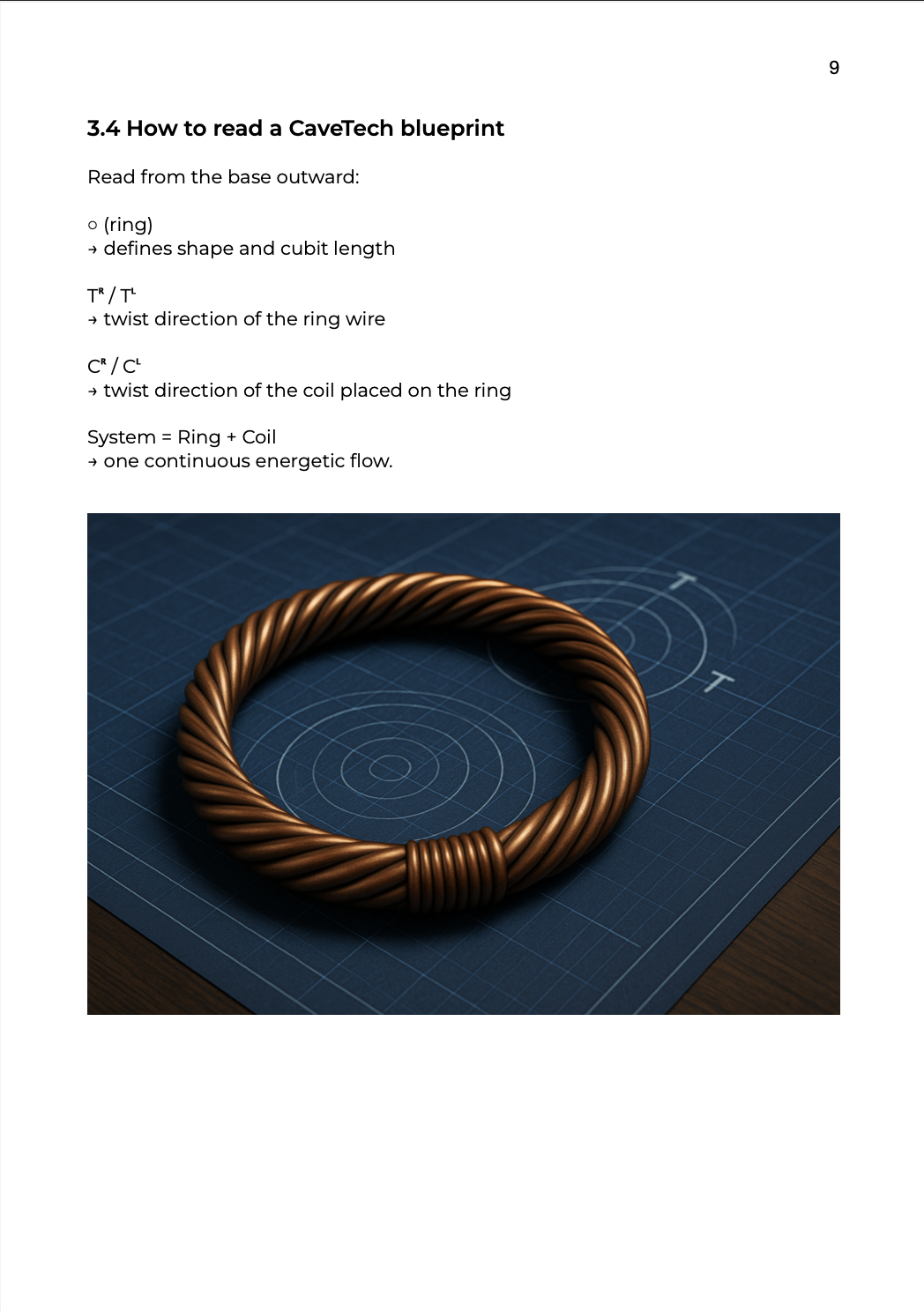 Copper tensor ring placed on a blue technical blueprint — CaveTech construction diagram