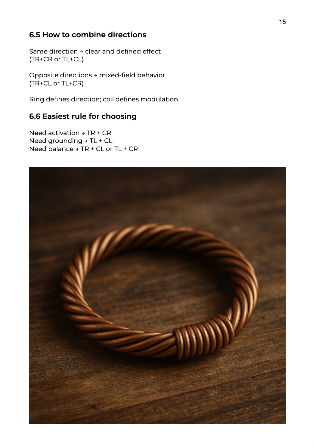 Copper tensor ring with connecting coil placed on a wooden surface — CaveTech twist-direction demonstration