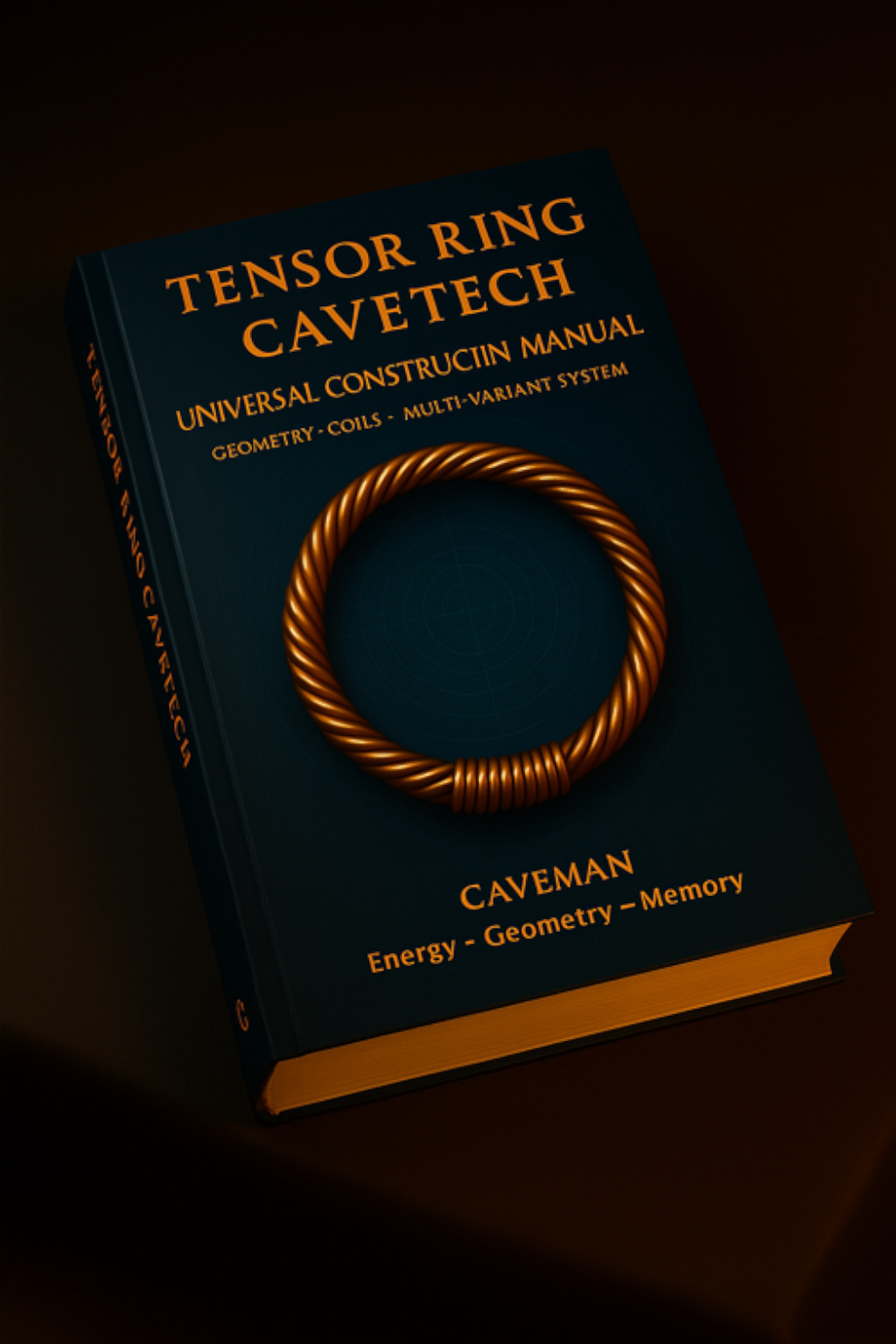 Mockup of the Tensor Ring CaveTech Universal Construction Manual book with copper tensor ring on the cover