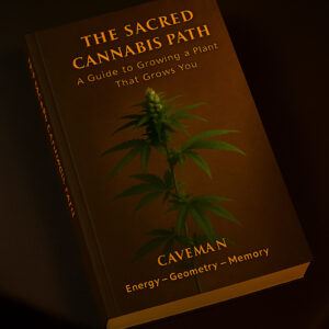 Hardcover mockup of the book The Sacred Cannabis Path, showing the golden cover design with a cannabis plant and Caveman branding.