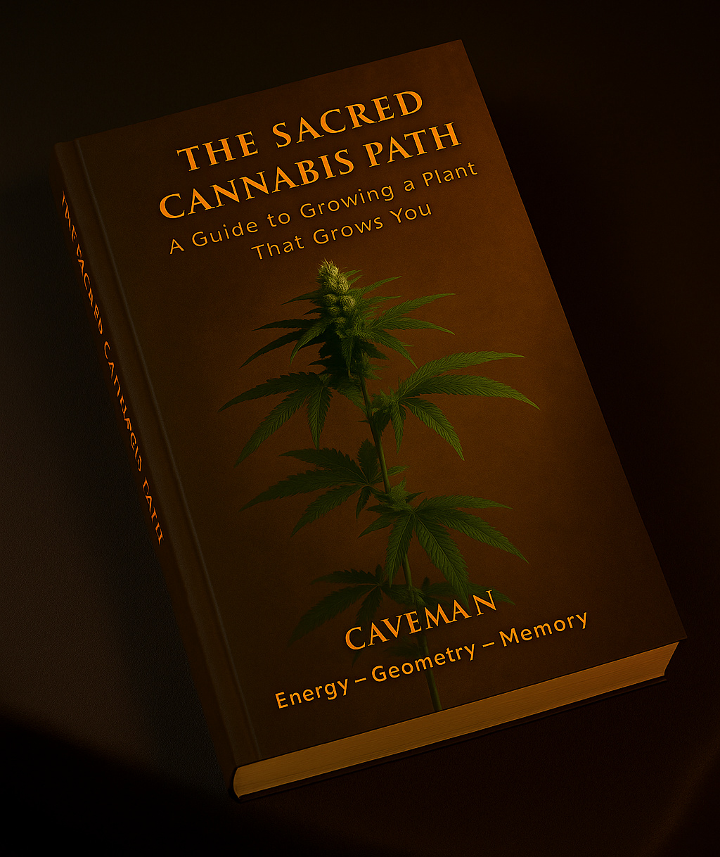 Hardcover mockup of the book The Sacred Cannabis Path, showing the golden cover design with a cannabis plant and Caveman branding.