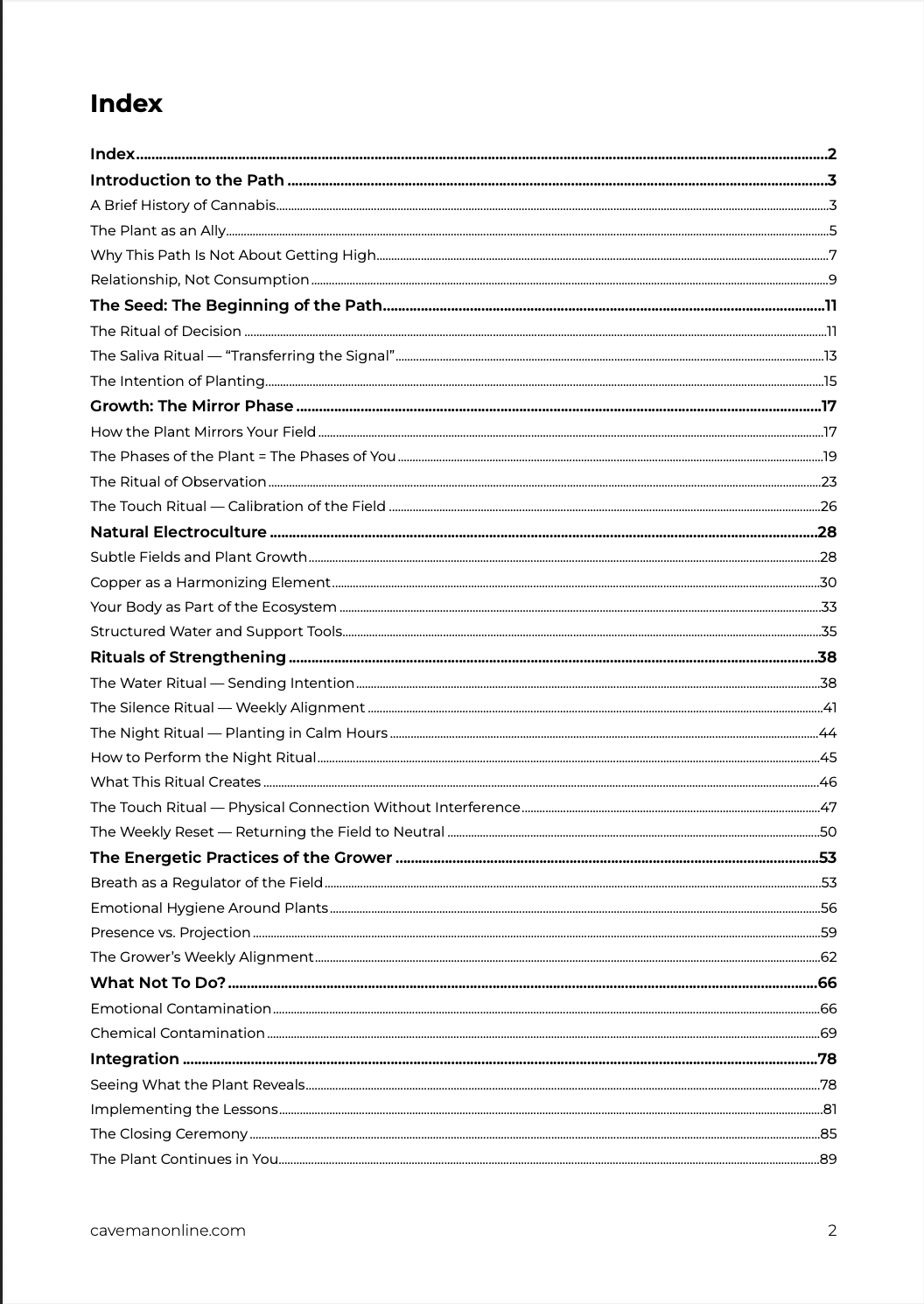 Sample page showing the Index of ‘The Sacred Cannabis Path’ PDF guide