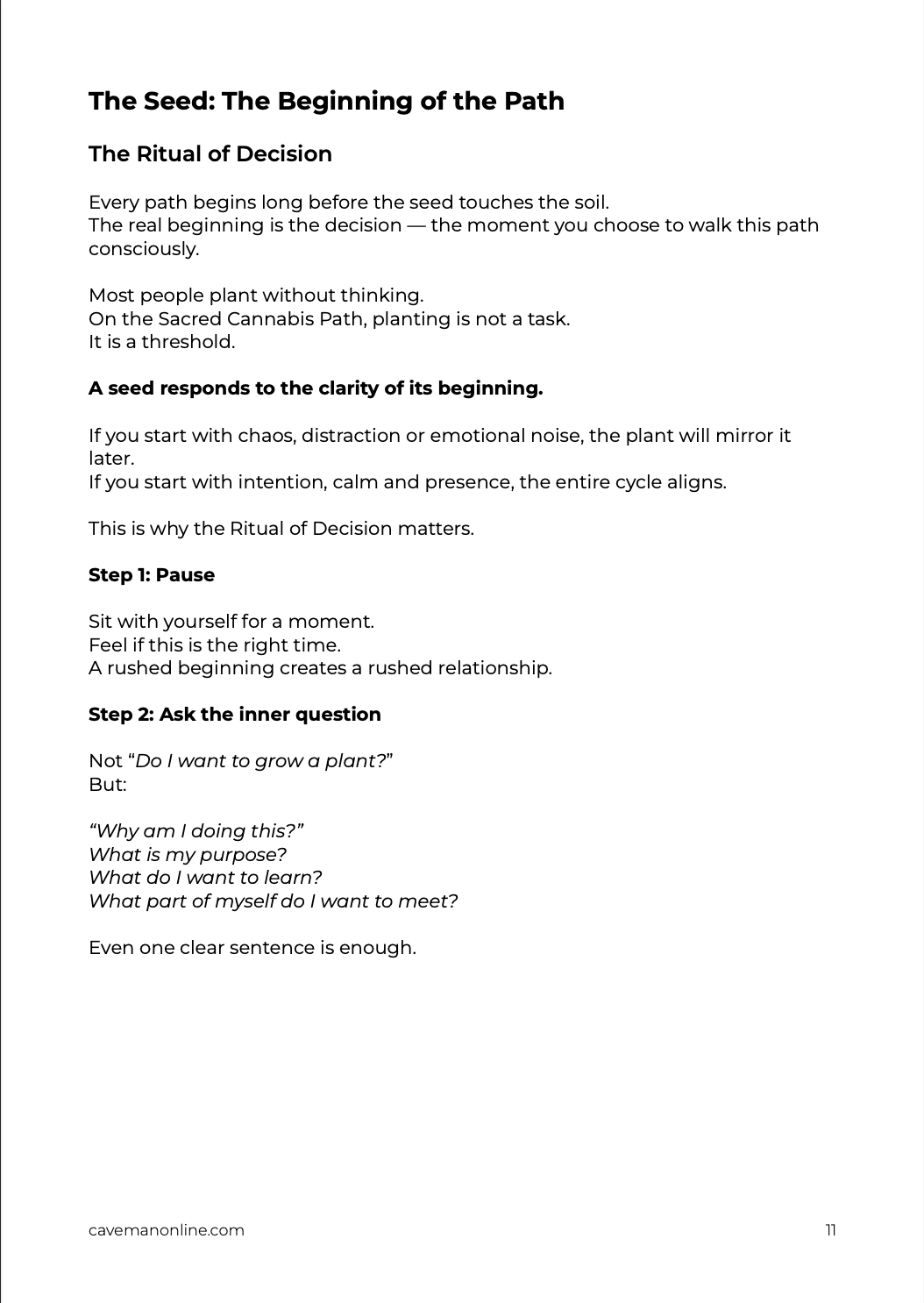 Sample page showing the beginning of the chapter ‘The Seed: The Beginning of the Path’ from ‘The Sacred Cannabis Path’ guide.